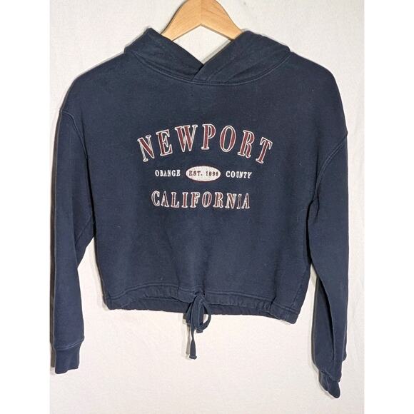 Garage womens Cropped Hoodie SP Newport California Embroidery Tie Waist Navy - Picture 1 of 5